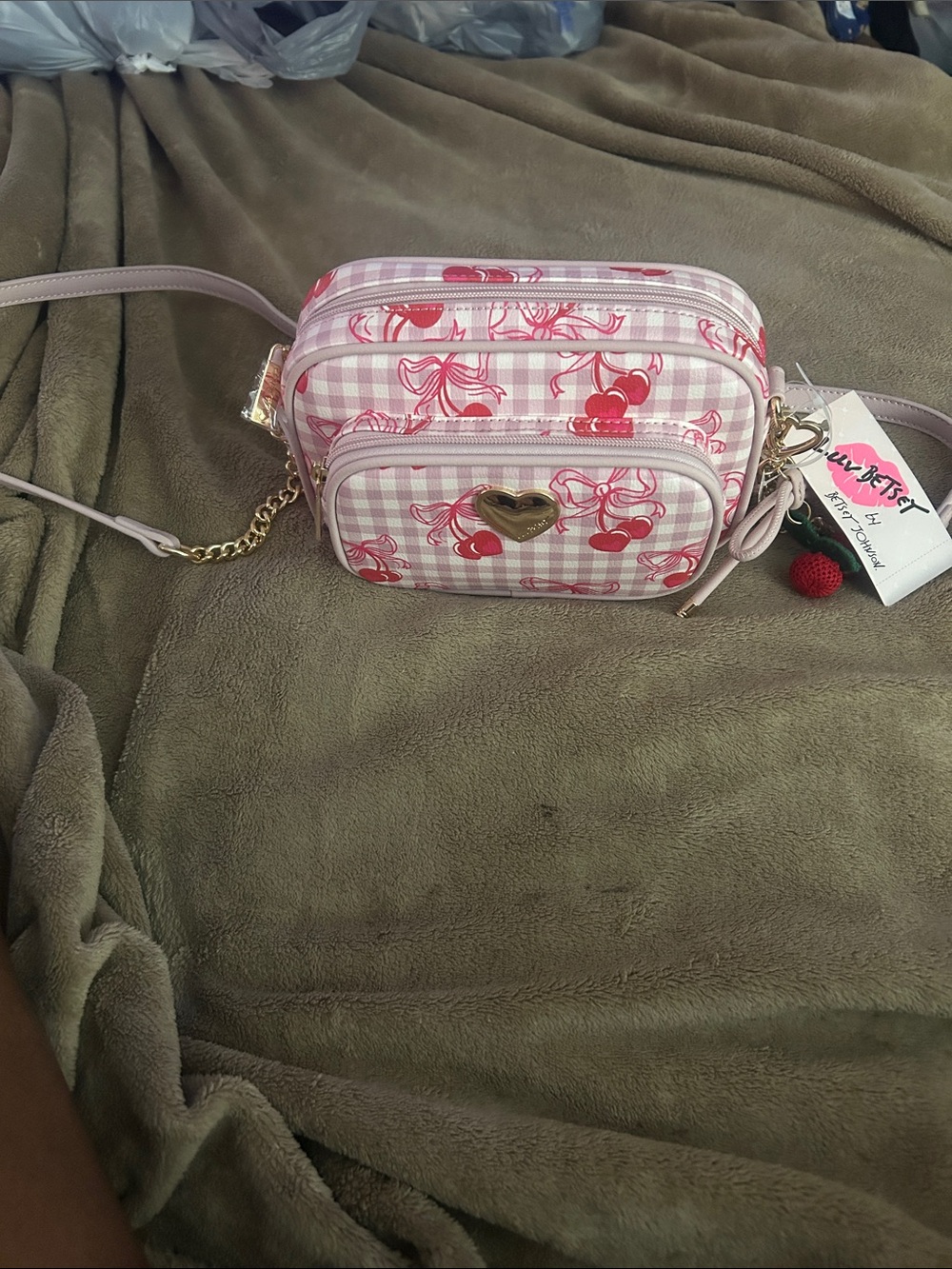 Betsey Johnson Pink Gingham Cherry Crossbody Bag